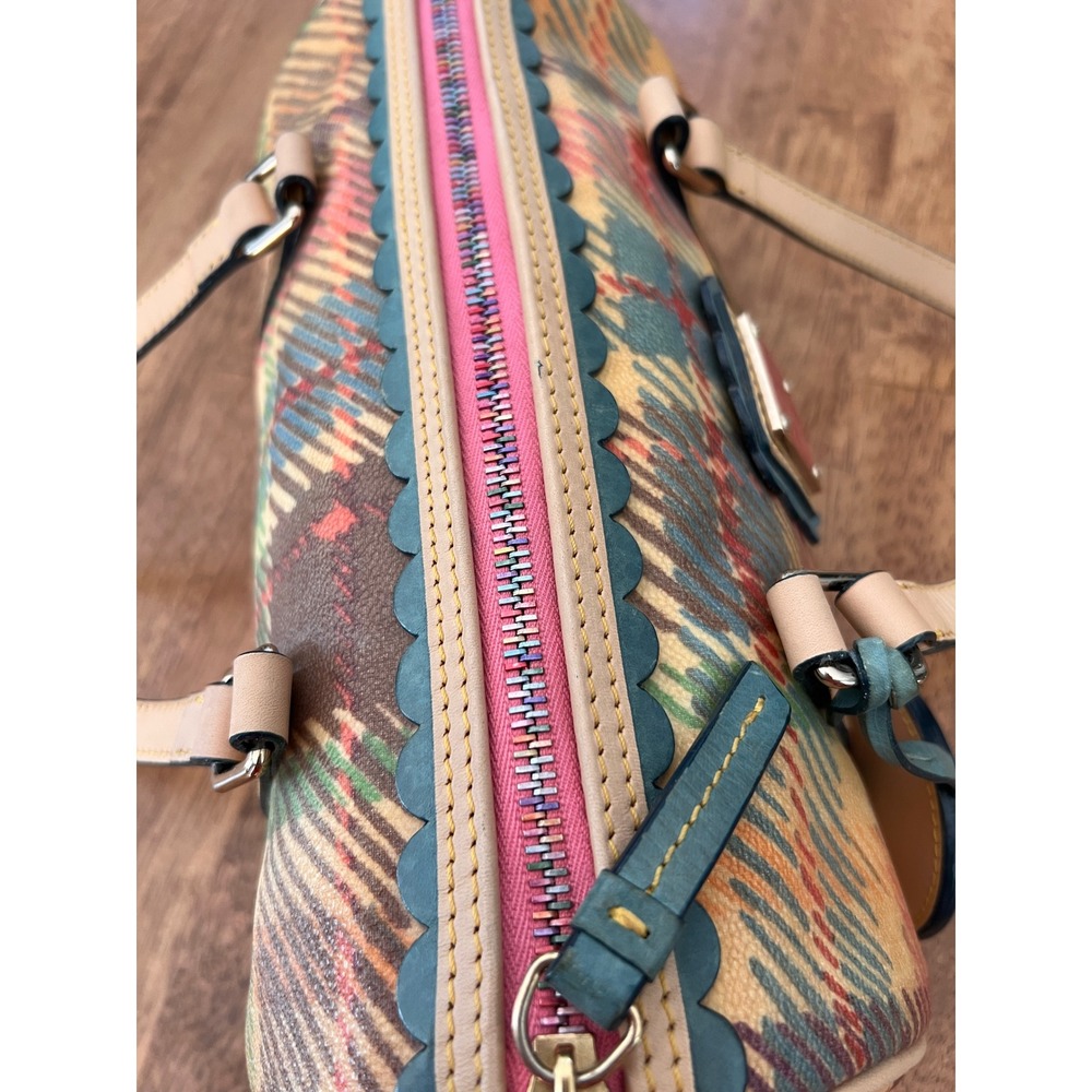 Dooney & Bourke Plaid Coated Canvas Barrel Bag Multicolor Scalloped Trim Satchel - Picture 8 of 16